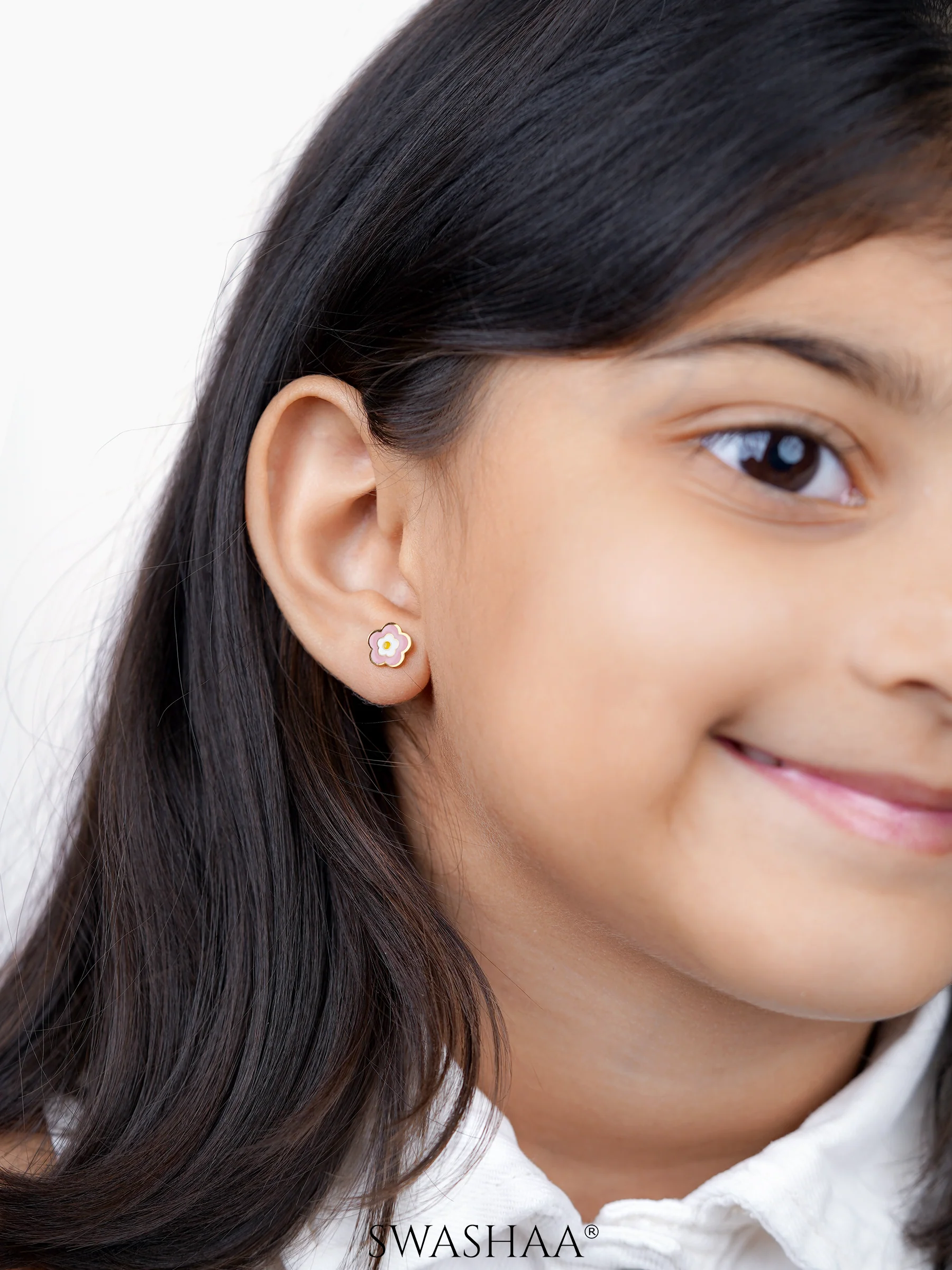 Blush Pink Flower Charm 18K Gold Plated Kid's Earrings - Image 2