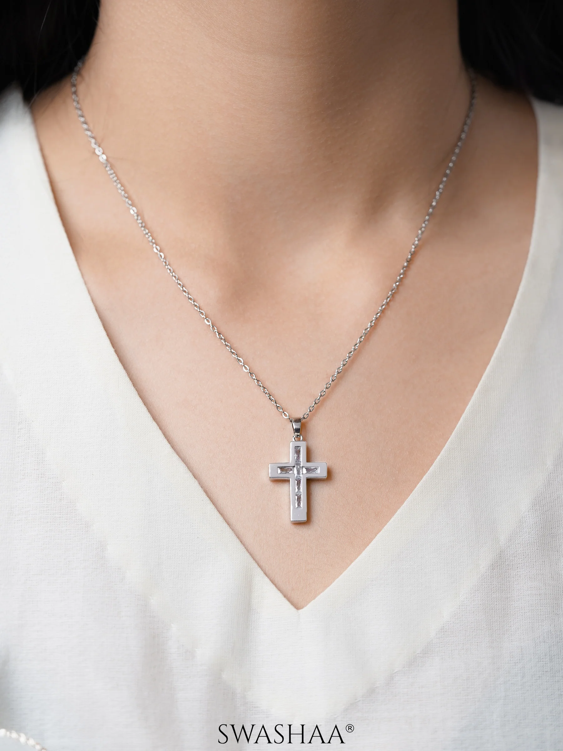 Elira Cross Baguette Necklace - Image 2