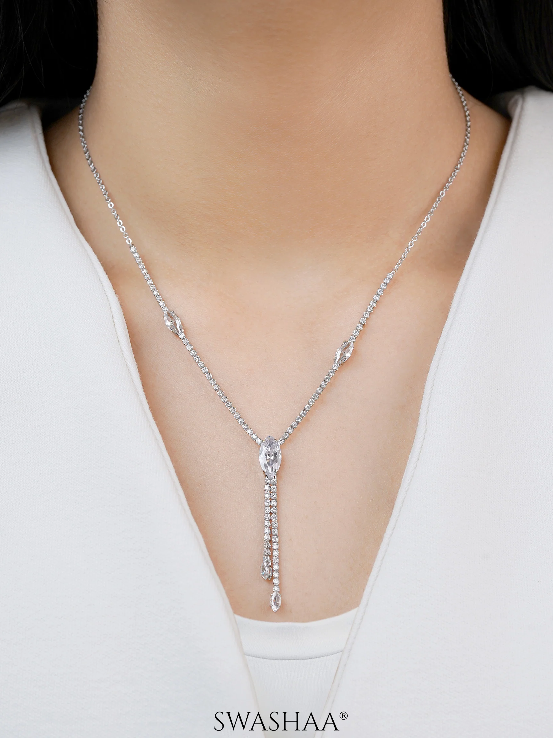 Elsie Oval Crystal Drop Y-shaped Necklace - Image 2