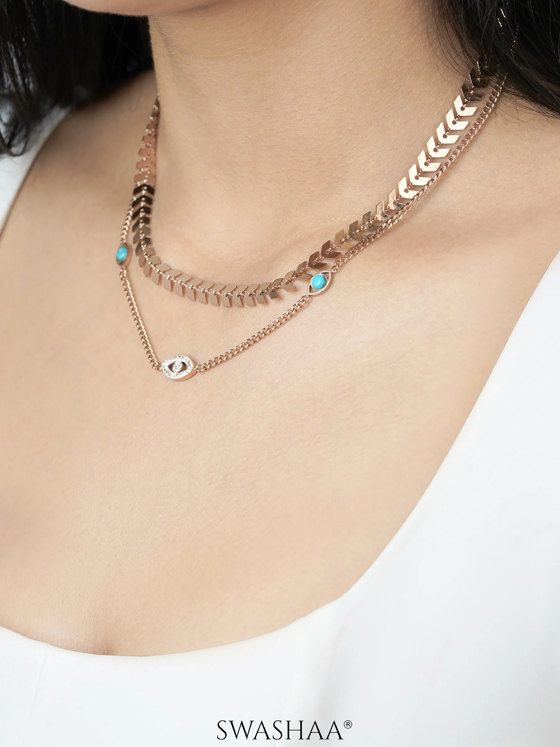 Ira Leaf Evil Eye Rosegold Plated Necklace - Image 3