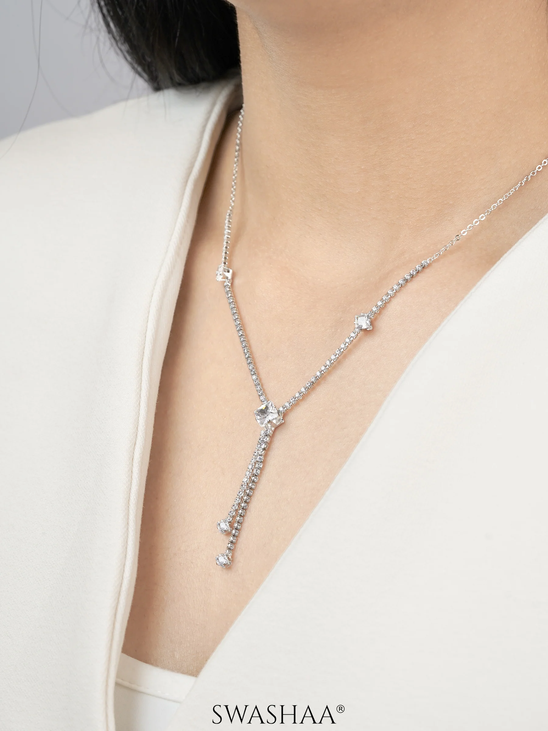 Mila Square Crystal Drop Y-shaped Necklace - Image 5