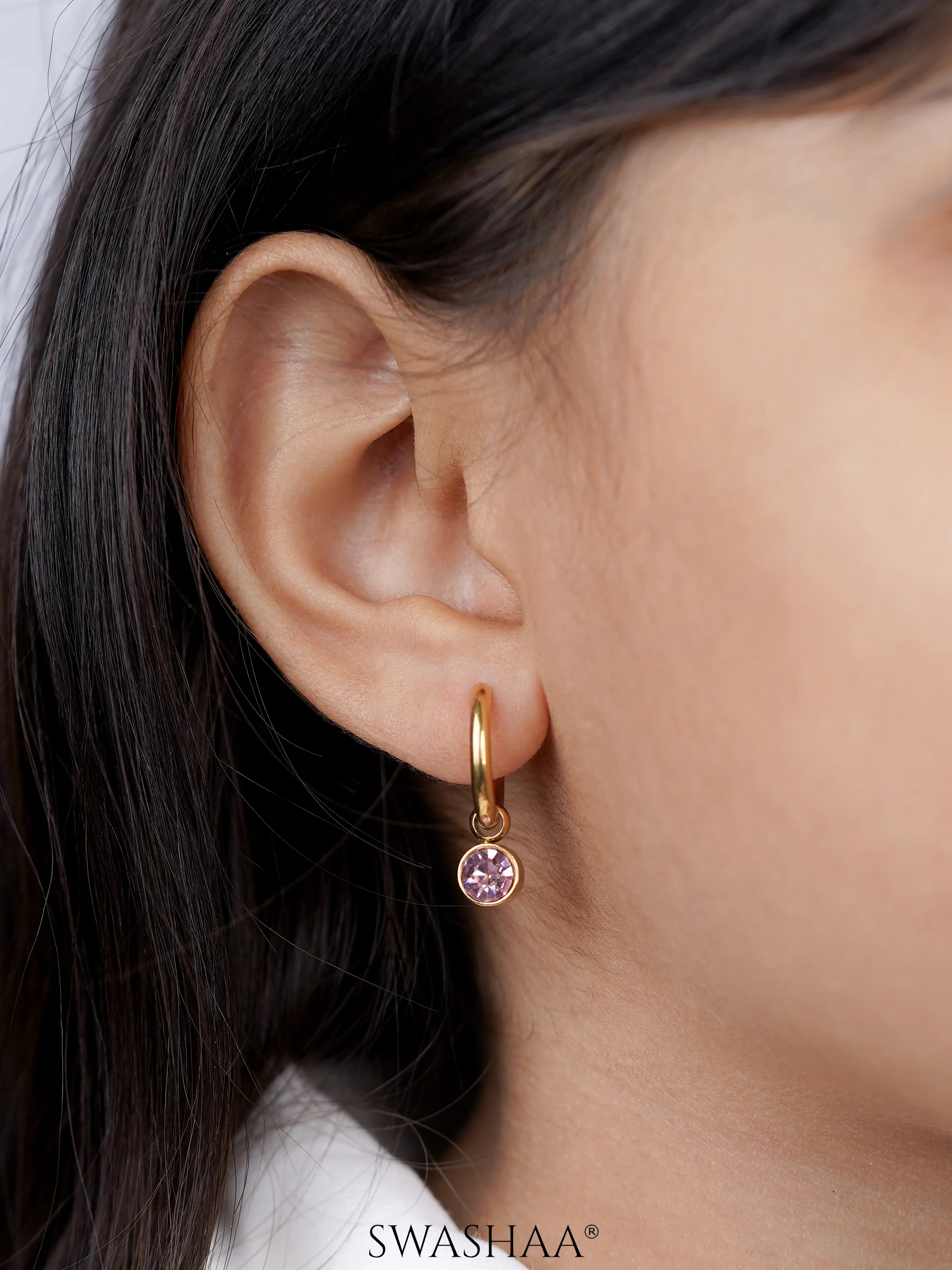 Pink Diamond 18K Gold Plated Kid's Hoop Earrings - Image 2