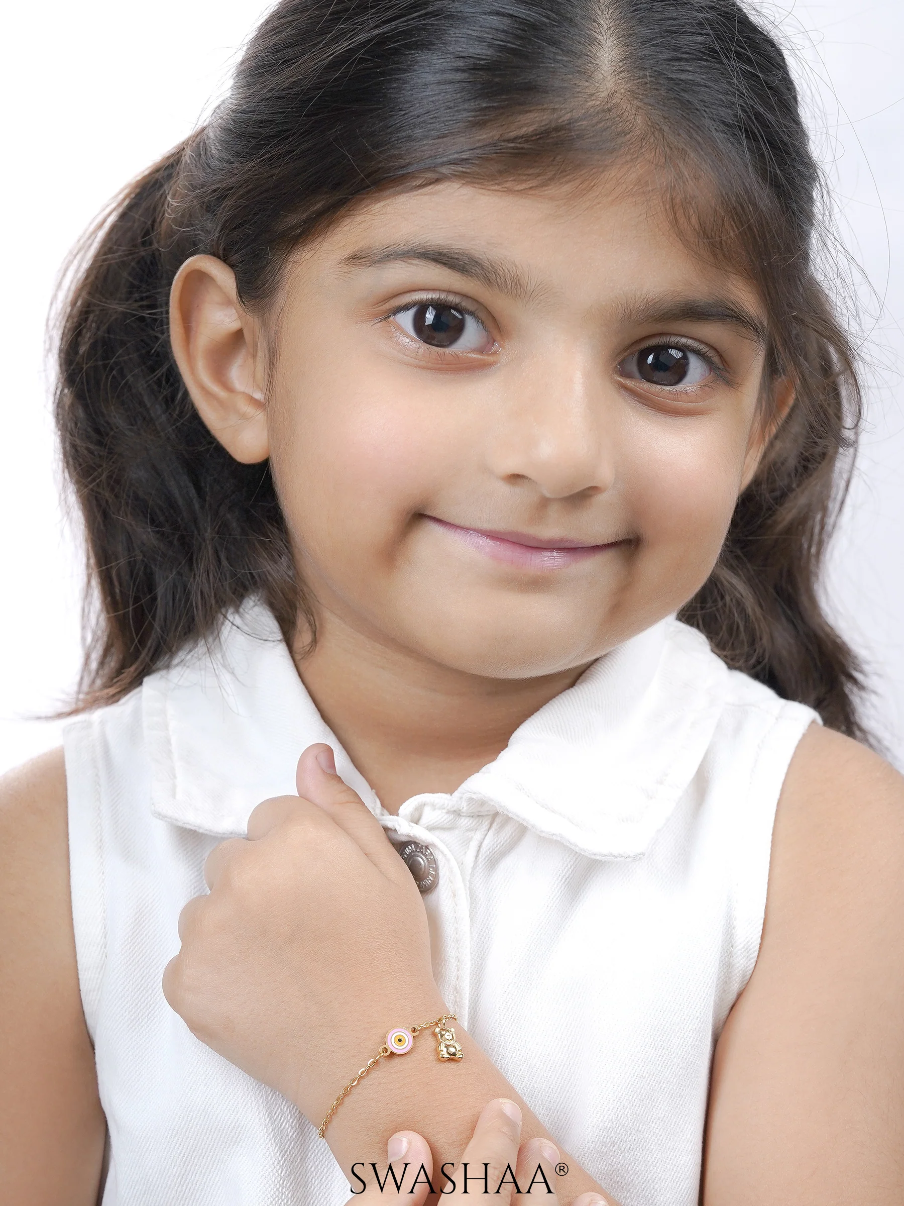 Pink Evil Eye Teddy Charm 18K Gold Plated Kid's Bracelet - Image 3