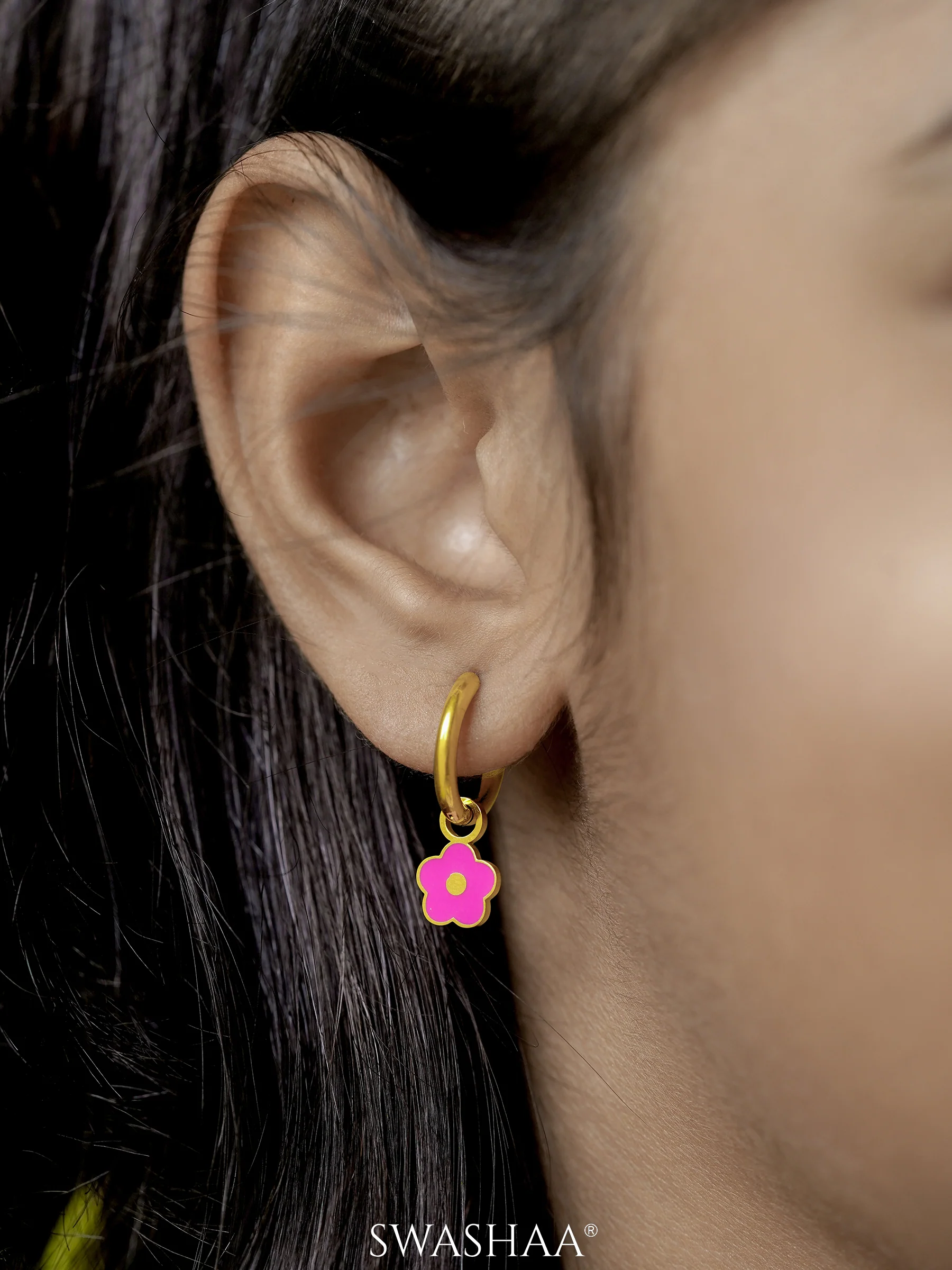 Pinky Flower 18K Gold Plated Kid's Hoop Earrings - Image 2