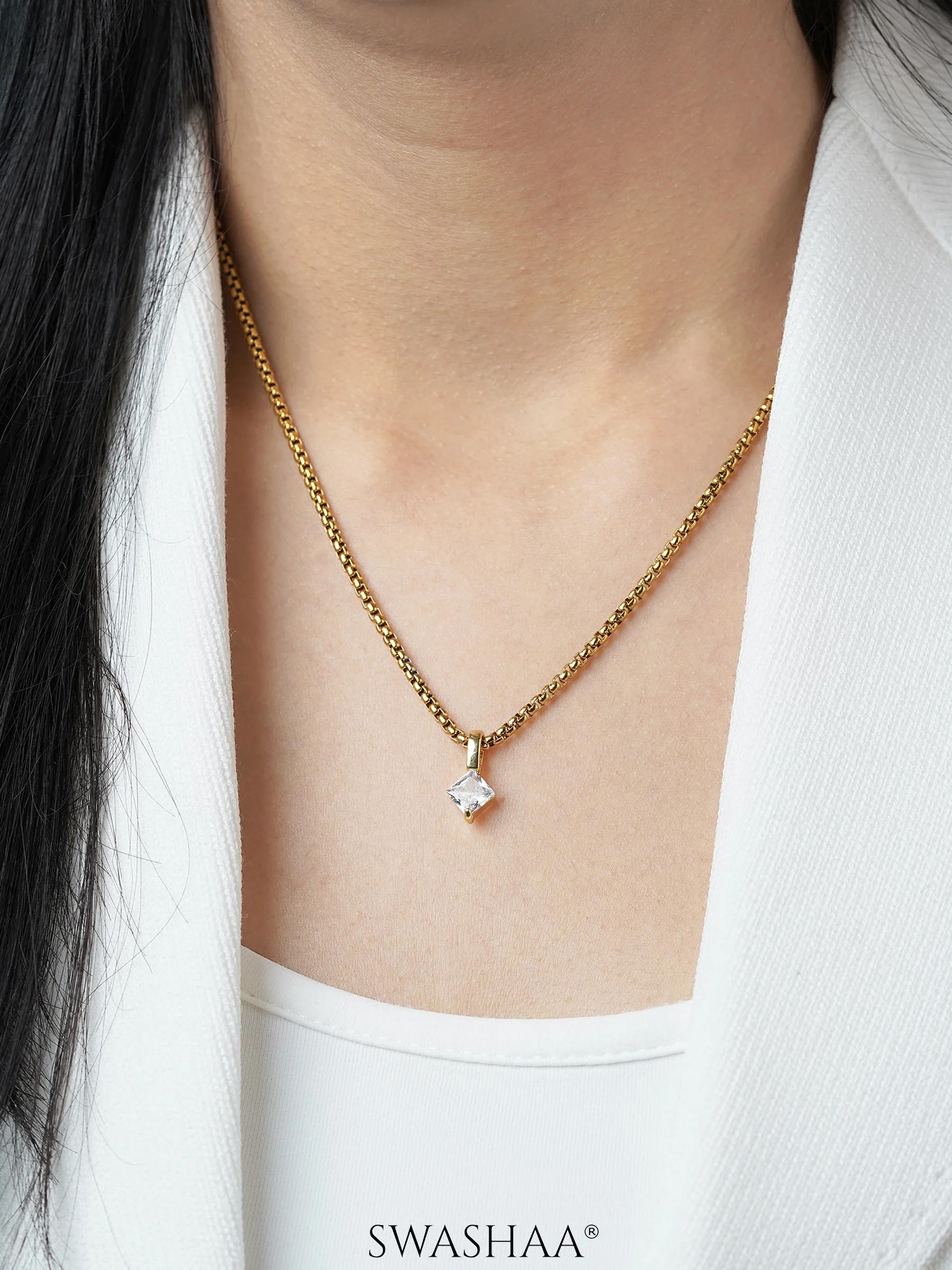 Seana Square Cut Diamond 18K Gold Plated Necklace - Image 2