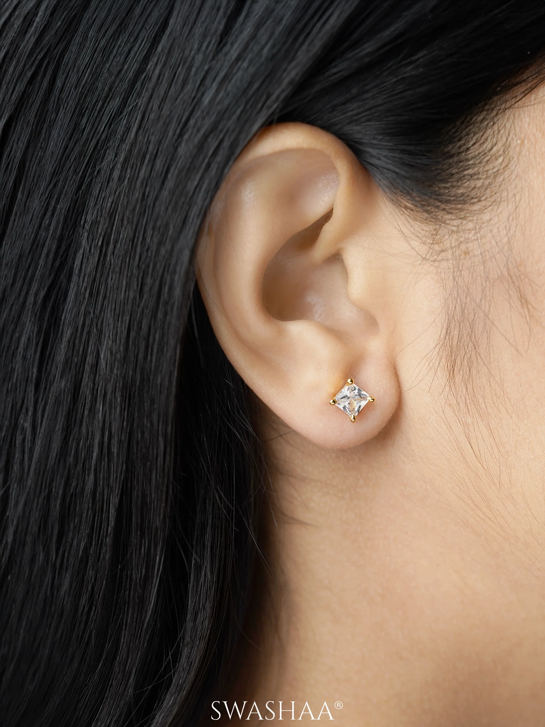 Square Solitaire 18K Gold Plated Earrings - Image 2