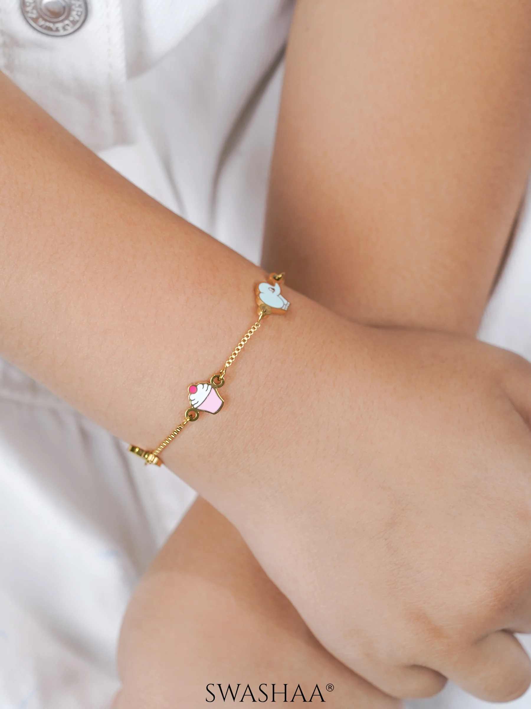 Tiny Cupcake Charm 18K Gold Plated Kid's Bracelet - Image 2