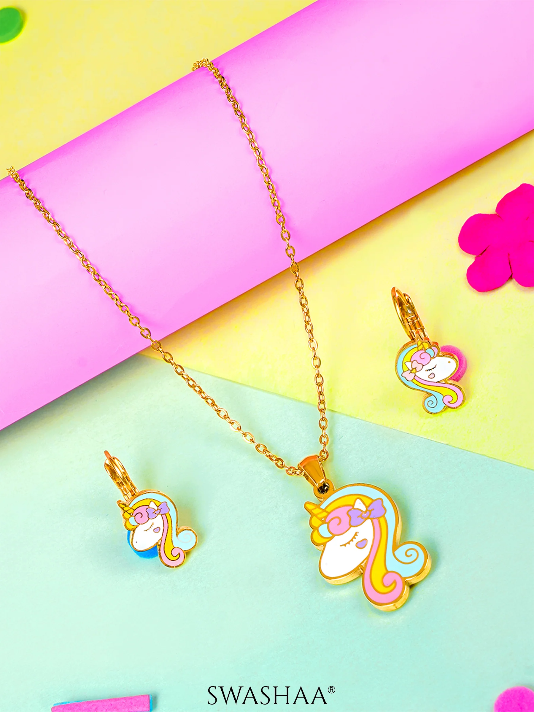 Unicorn Face 18K Gold Plated Kid's Pendant Necklace Set - Image 5