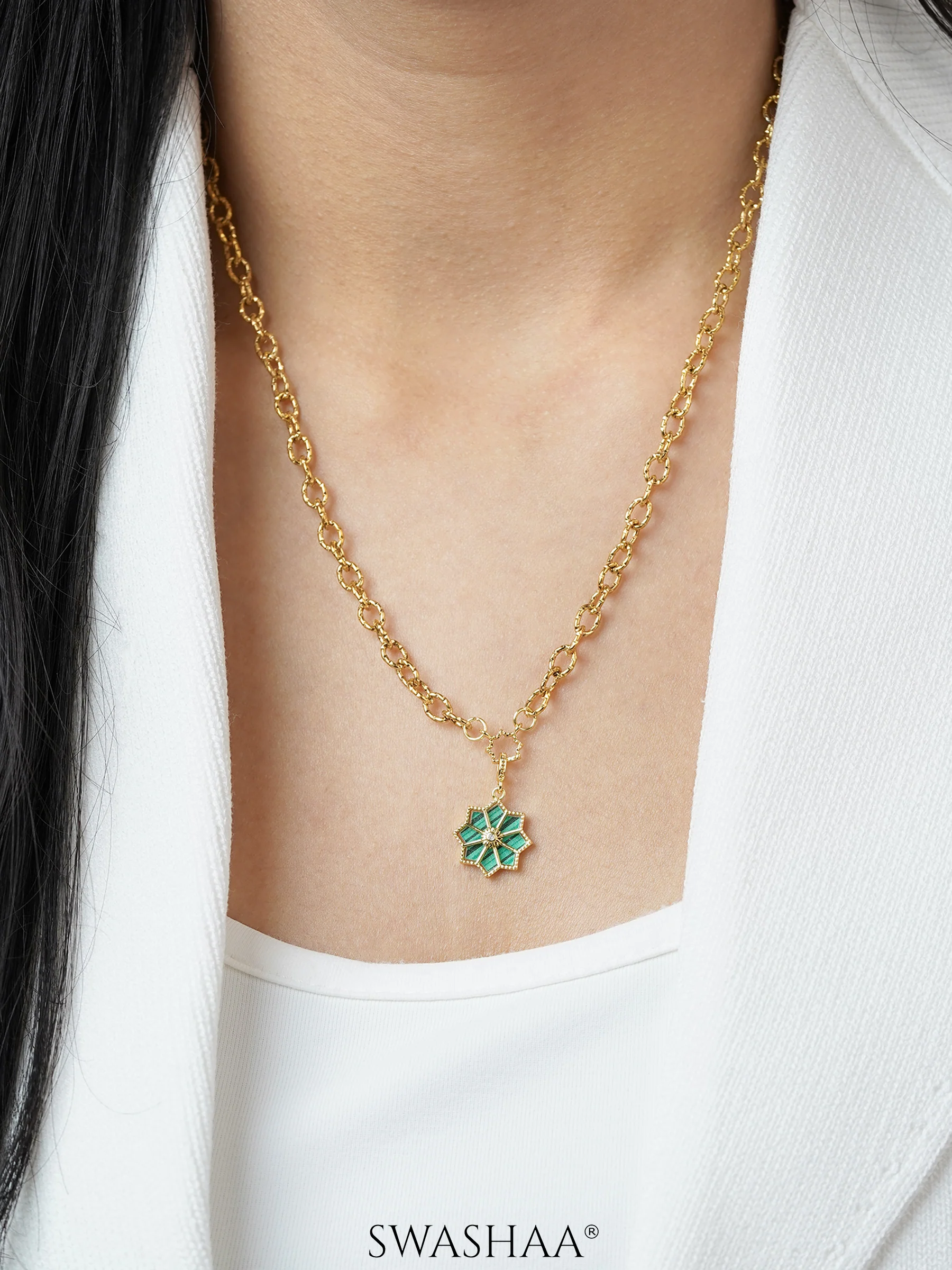 Zinnia Green Jade Blossom 18K Gold Plated Necklace - Image 2